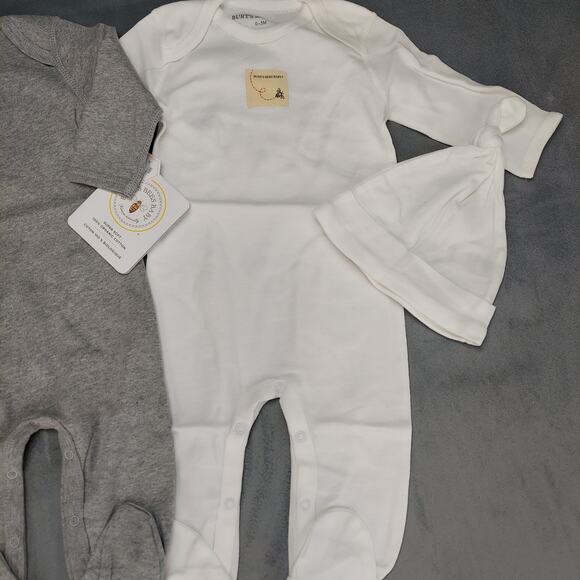 Burt's Bees Organic Cotton 4Pc Coveralls Footed Pajamas Knot Top Hats Gray 0-3M - Picture 3 of 7